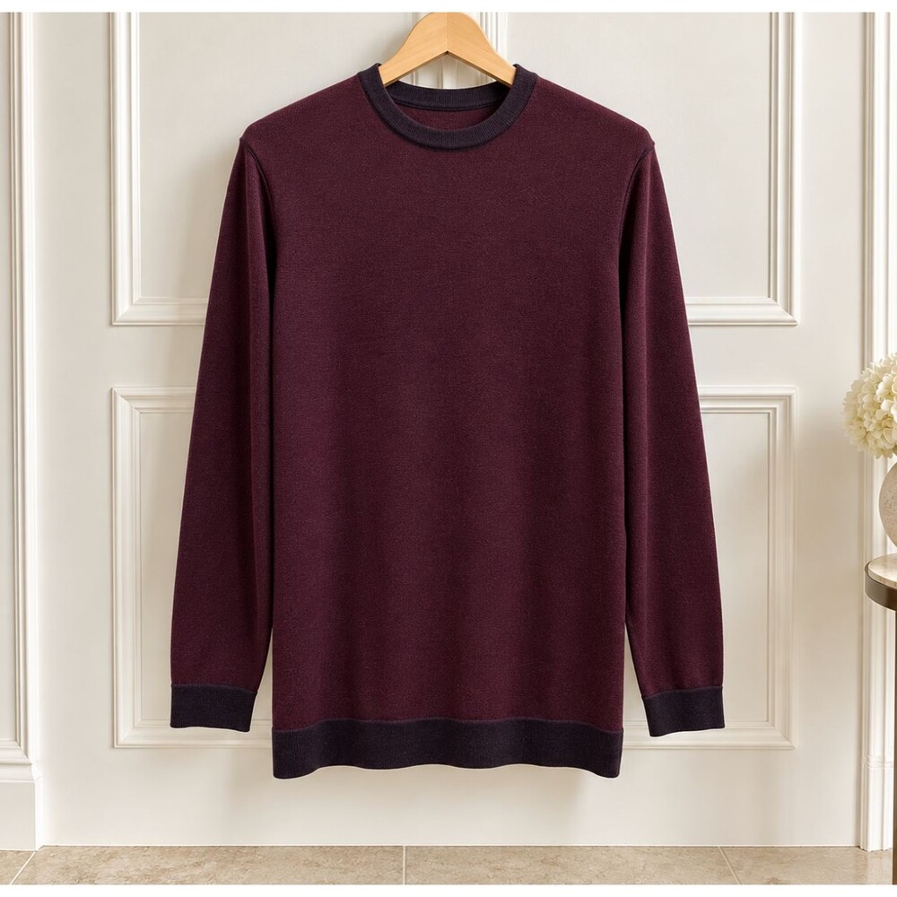 Calvin Klein Merino Wool Blend Sweater Mens L Burgundy Italian Yarn Crew Italy